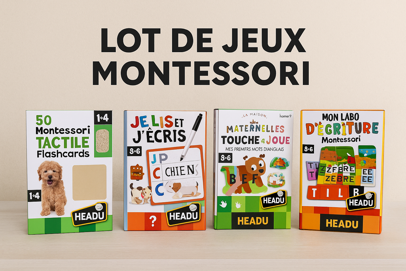 Pack Montessori – 4 Jeux Éducatifs Headu | Lecture, Écriture, Anglais, Sensoriel